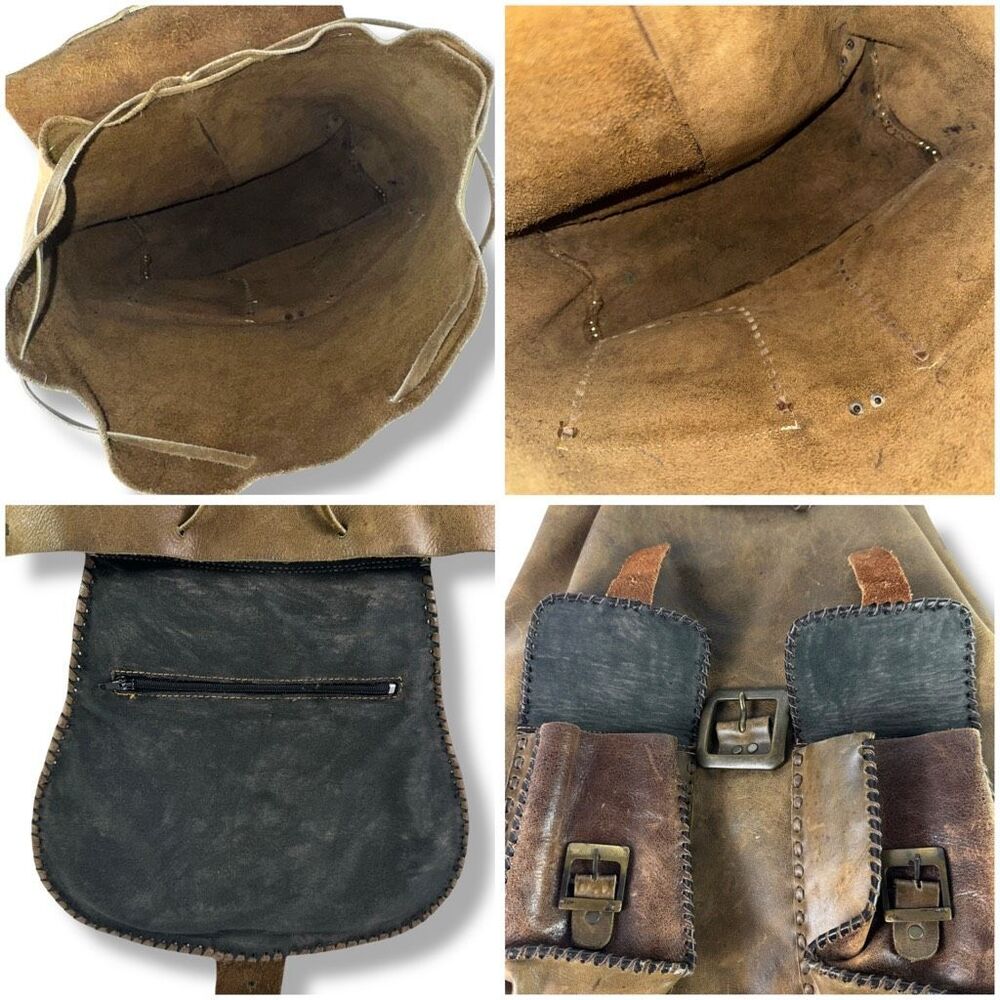 Vintage Distressed Handmade Rugged Rustic Soft Brown Tan Leather Backpack Bag - Picture 7 of 12